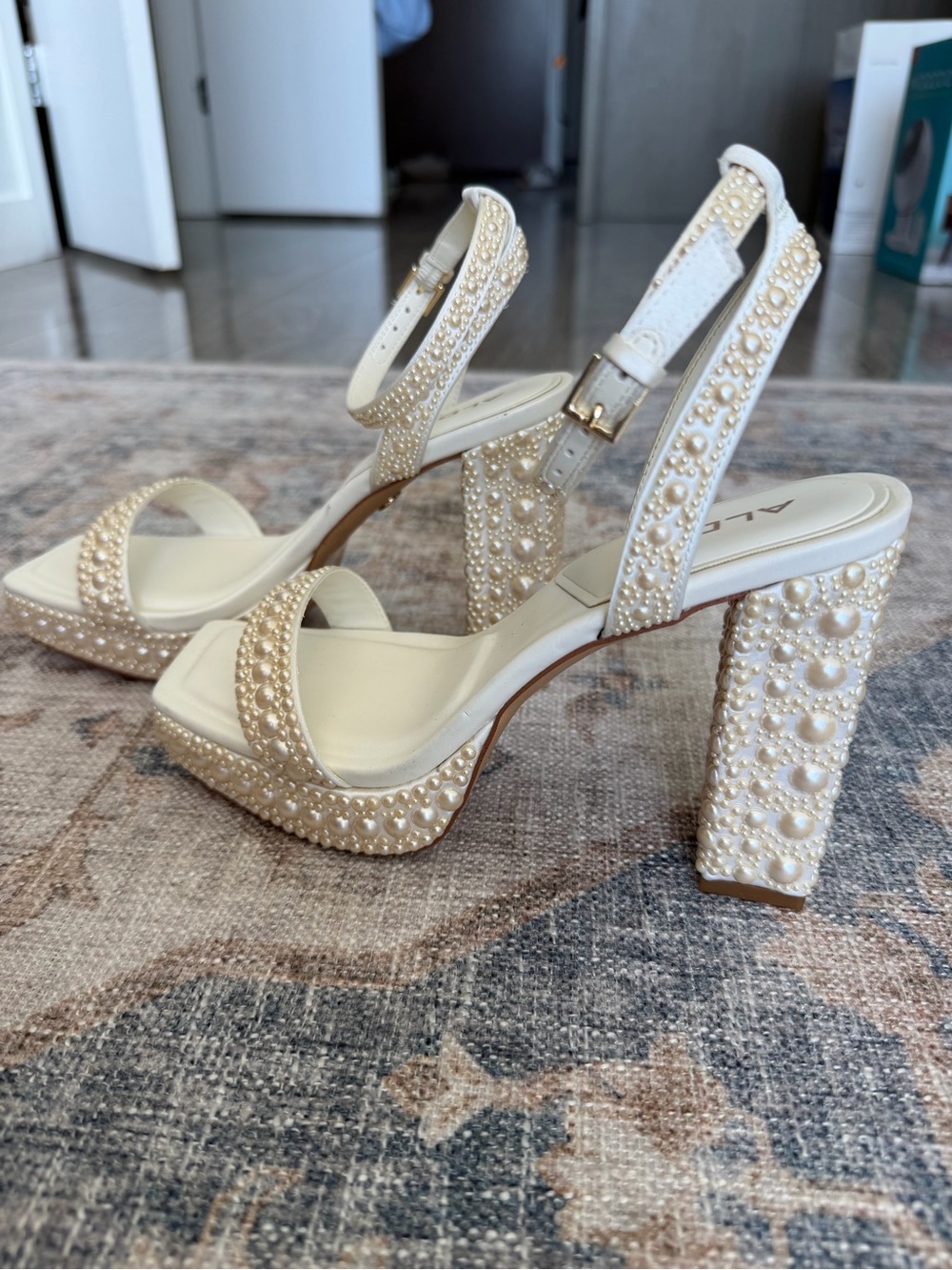 Aldo Cream Pearl-Embellished Platform Block Heels